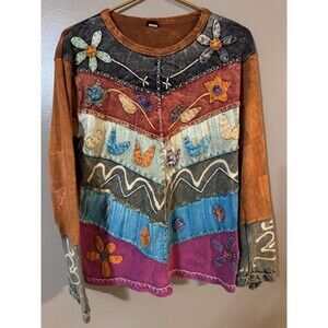 KPC Nepal Floral Patchwork Boho Hippie Long Sleeve Shirt Size XXL (like Large)